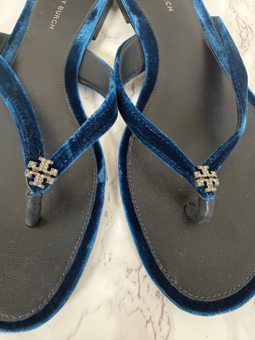 Tory Burch Blue Velvet Thong Sandals with Logo Accent - Picture 8 of 9